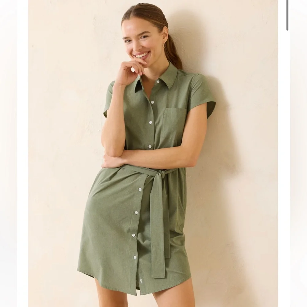 Tommy Bahama IslandZone Shirt Dress Olive Green Belted Resort Coastal Travel L - Picture 1 of 12